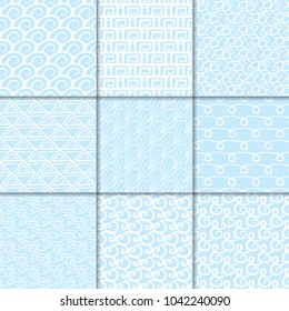Abstract seamless patterns. Blue and white backgrounds for textile, wallpapers and fabrics