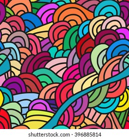 Abstract seamless patterns. Bright backgrounds with linear doodles, scales, diagonal waves, hand drawn graphics made with graphics tablet. Vector Illustration.