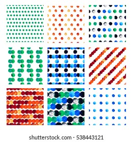 Abstract seamless patterns with colorful dots, design element. Can be used for invitations, greeting cards, scrapbooking, print, gift wrap, manufacturing. Psychedelic background.