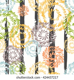 Abstract seamless patterns in colorful, white and black, geometrical endless background, repeatable backdrop. Hand drawn elements, trendy design with ink brush strokes, spirals, spots, splash, dots.