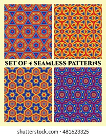 Abstract seamless patterns with decorative ornament of blue, yellow, orange, red and grey shades