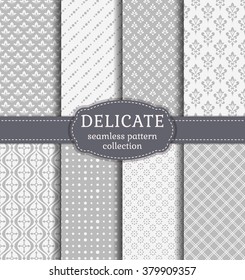 Abstract seamless patterns in delicate white and gray colors. Set of backgrounds with vintage damask, geometric and floral ornaments. Vector collection.
