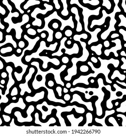 Abstract seamless patterns with dots, chaotic shapeless spots, worms. Fashion 80-90s. Black white yellow textured. 