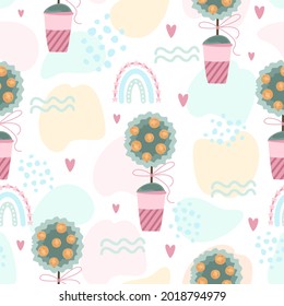 Abstract seamless patterns with fruit trees. Summer background with dots and a rainbow. Vector illustration.
