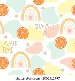 Abstract seamless patterns with fruits. Summer background with dots and a rainbow. Vector illustration.

