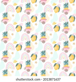 Abstract seamless patterns with fruits. Summer background with dots and a rainbow. Vector illustration.
