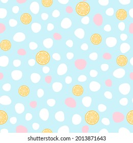 Abstract seamless patterns with fruits. Summer background with dots and a rainbow. Vector illustration.
