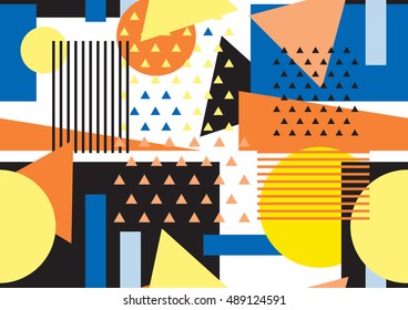 Abstract seamless patterns with geometric mosaic shapes. Retro memphis style, fashion 80-90s. 