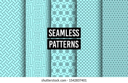 Abstract seamless patterns. Geometric textures. Linear ornament decoration. Repeatable simple seamless textures. Tileable swatches. Vector