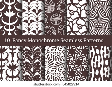 Abstract seamless patterns. Geometrical and floral ornamental motifs. Retro style set