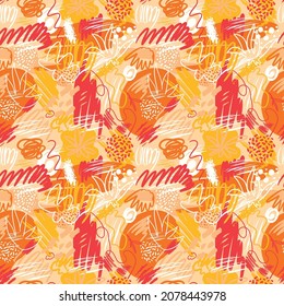 Abstract seamless patterns with hand drawn textures in memphis style, trend print in bright summer colors . Retro fashion background.