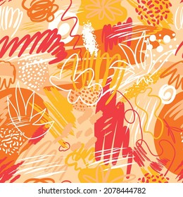 Abstract seamless patterns with hand drawn textures in memphis style, trend print in bright summer colors . Retro fashion background.