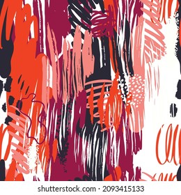 Resumen de patrones sin fisuras con texturas dibujadas a mano en estilo garabato, impresión de tendencia en colores brillantes. Fondo de moda retro.