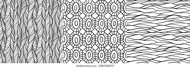 Resumen de patrones sin fisuras con líneas dibujadas a mano. Resumen de texturas de doodle de olas marinas, trenzas de pelo y formas de diamante. Conjunto de patrones de esbozo en blanco y negro, ilustración vectorial