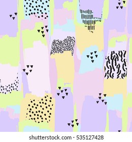 Abstrakte nahtlose Muster mit handgezeichneten Texturen im Stil von Memphis. Retro-Modehintergrund.