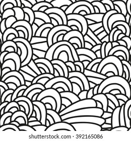 Abstract seamless patterns. Monochrome backgrounds with linear doodles, scales, diagonal waves, hand drawn graphics made with graphics tablet. Vector Illustration.