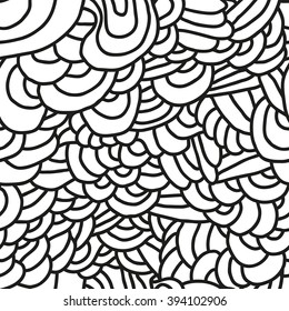 Abstract seamless patterns. Monochrome backgrounds with linear doodles, scales, diagonal waves, hand drawn graphics made with graphics tablet. Vector Illustration.
