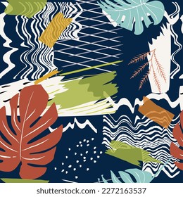 Abstract seamless patterns of Monstera leaves, retro backgrounds for fabric, textiles, clothing, wrapping paper, cover, interiors.