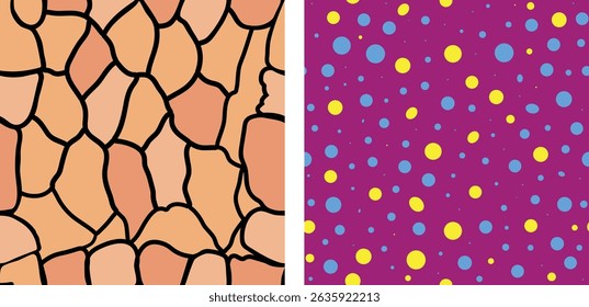 Padrões sem emenda abstratos com estruturas de células orgânicas e pontos coloridos Polka - Conjunto de fundo geométrico moderno para impressão de tecidos e superfícies.