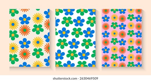 abstract seamless patterns poster, card, banner, with vintage groovy daisy flowers. Retro floral pastel colours background surface design, textile, stationery, wrapping paper, covers. 70s, 80s style