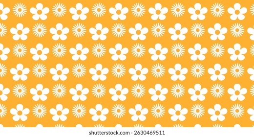 abstract seamless patterns poster, card, banner, with vintage groovy daisy flowers. Retro floral pastel colours background surface design, textile, stationery, wrapping paper, covers. 70s, 80s style