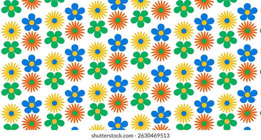 abstract seamless patterns poster, card, banner, with vintage groovy daisy flowers. Retro floral pastel colours background surface design, textile, stationery, wrapping paper, covers. 70s, 80s style