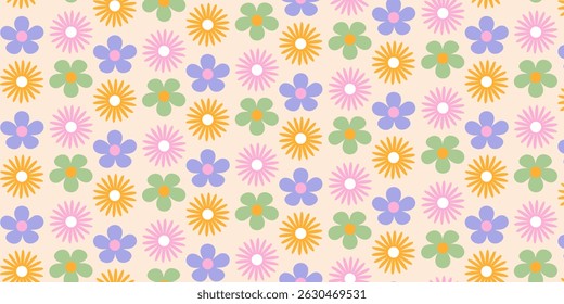 Póster abstracto de patrones sin fisuras, tarjeta, Anuncio, con flores de margarita groovy vintage. Diseño de superficie de fondo de colores pastel florales retro, textil, papelería, papel de regalo, cubiertas. 70s, 80s estilo