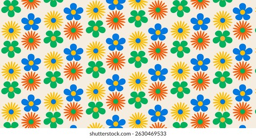 abstract seamless patterns poster, card, banner, with vintage groovy daisy flowers. Retro floral pastel colours background surface design, textile, stationery, wrapping paper, covers. 70s, 80s style