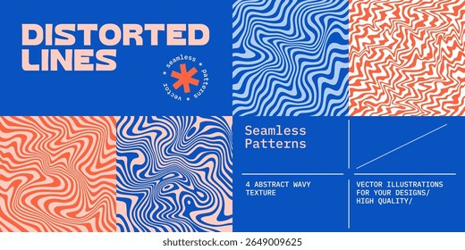 Abstract Seamless Patterns with Psychedelic Waves. Vector Backgrounds with Groovy Swirl Lines. Retro Marble Trippy Texture.