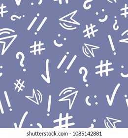 Abstract seamless patterns with punctuation marks, hashtag, check mark, smile. Hand drawn elemements for on-line communication, chatting. Vector illustration.
