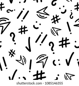 Abstract seamless patterns with punctuation marks, hashtag, check mark, smile on white backgroung. Hand drawn elemements for on-line communication, chatting. Vector illustration.
