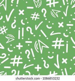 Abstract seamless patterns with punctuation marks, hashtag, check mark, smile, multiplication, division sign on green backgroung. Hand drawn elemements for on-line communication, chatting. Vector