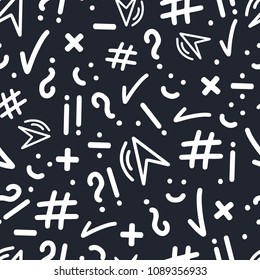Abstract seamless patterns with punctuation marks, hashtag, check mark, smile, multiplication, division sign on black backgroung. Hand drawn elemements for on-line communication, chatting. Vector
