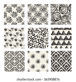Abstract seamless patterns set with brush strokes, design elements. Can be used for invitations, greeting cards, scrapbooking, print, gift wrap, manufacturing. Grunge background