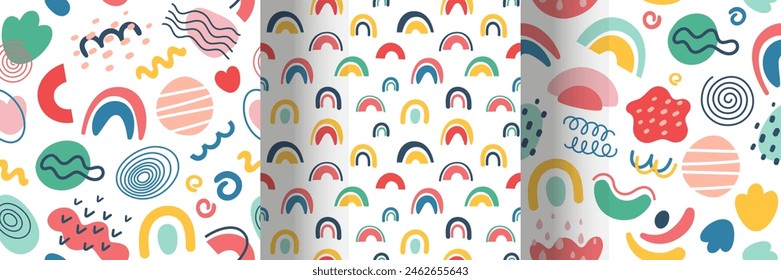 Abstract seamless patterns set in cartoon design on a white background. Collection bright hand drawn isolated elements in flat style. Vector illustration.
