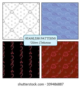 Abstract seamless patterns set from curls and flowers ornament. Fashionable modern style. Graphic style for wallpaper, wrapping, fabric, background, apparel, textiles, prints, website, blogs. Vector