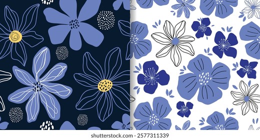 Abstract seamless patterns set, floral design, stylized flowers modern wallpaper, background