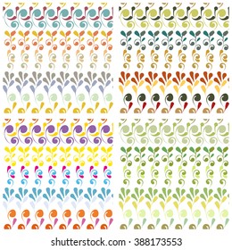 Abstract seamless patterns set with flowers, curl, leaves. Hand drawn vector illustration. Summer and spring colorful background. 