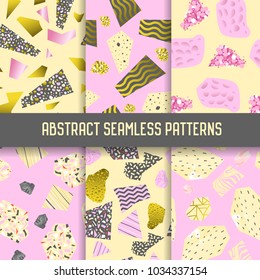 Abstract Seamless Patterns Set with Golden Glitter Elements. Background with Geometric Shapes for Poster, Cover, Banner. Vector illustration