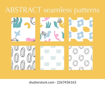 Abstract seamless patterns set. Hand drawn modern backgrounds. Abstract shapes ornament