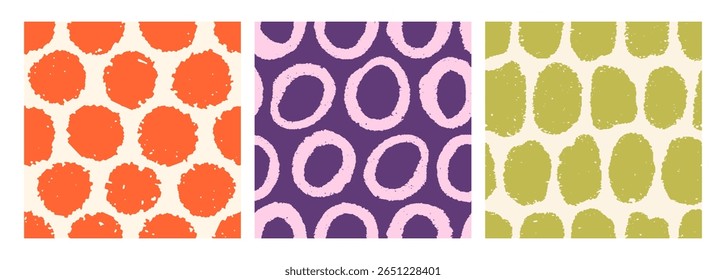 Conjunto de padrões sem emenda abstratos. Pontos irregulares, manchas, bolhas de tinta, círculos redondos, fundos intermináveis, impressões repetitivas para têxteis, design de embrulho. Texturas modernas. Ilustração vetorial desenhada