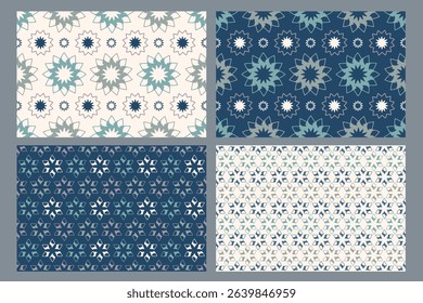 Abstract seamless patterns set. Modern Geometric background with different shapes. Simple design. Trendy ornament. Vector illustration for decoration, wallpaper, textiles, printing