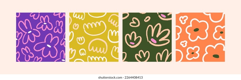 Abstract seamless patterns set, naive flowers repeating print. Floral backgrounds, hand-drawn texture designs in cute doodle kids style. Flat vector illustrations for wrapping, textile, fabric