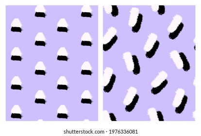 Abstract seamless patterns set. White and black elements isolated on pastel purple backgrounds.  Hand drawn in ink designs. Vector wallpapers.