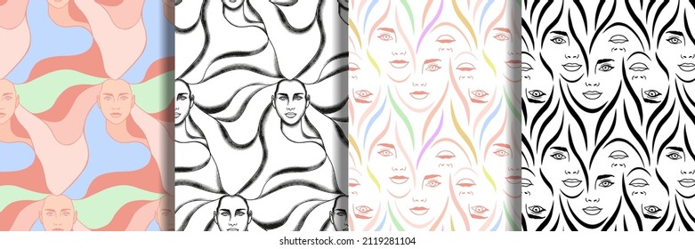 Abstract seamless patterns set with womans faces