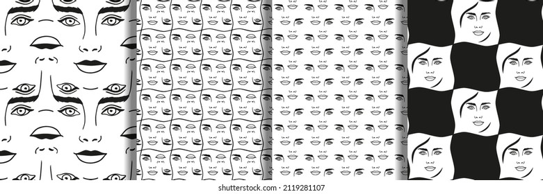 Abstract seamless patterns set with womans faces