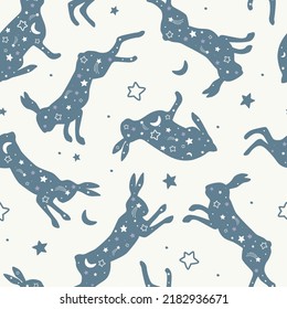 Abstract seamless patterns with space. Flying dream rabbits. Silhouettes of hares in the starry sky, constellations, the moon. Vector graphics.