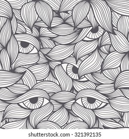 Abstract seamless patterns with stylized leaves and dolorous  eyes. Hand-drawn wavy style. Monochrome (black and white). Can be used for textile products, wrapping, packaging etc.