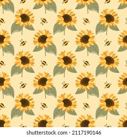 Abstract seamless patterns with a sunflower. Vector illustration.