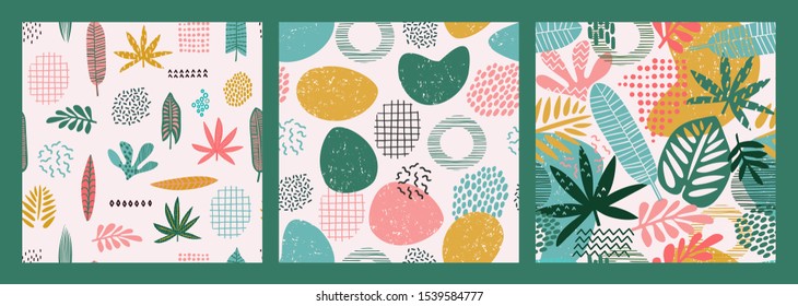 Abstract seamless patterns with tropical leaves and geometric shapes. Hand draw texture. Vector template.